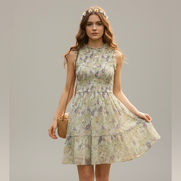 Dex Dresses & Skirts - Cottagecore Mini Dress Smocked Bodice Pastel Floral Fairycore Tiered Ruffle